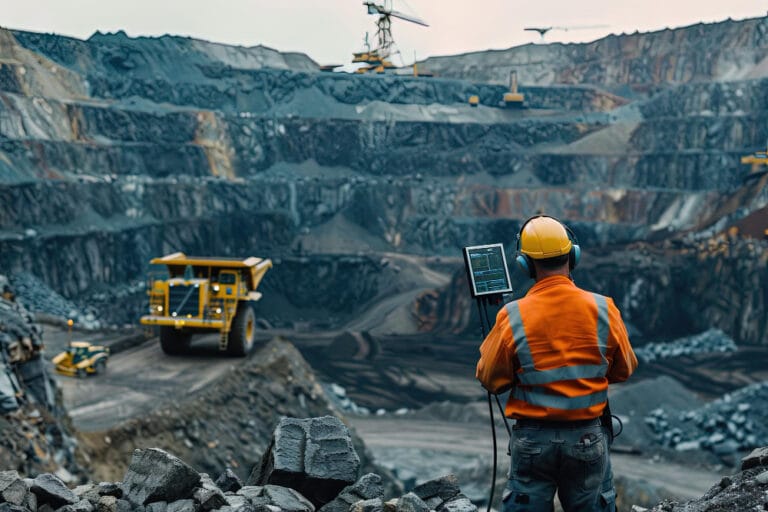 Talc Powder and Feldspar Company - Mining engineer using a tablet to monitor heavy machinery at an open-pit mine.