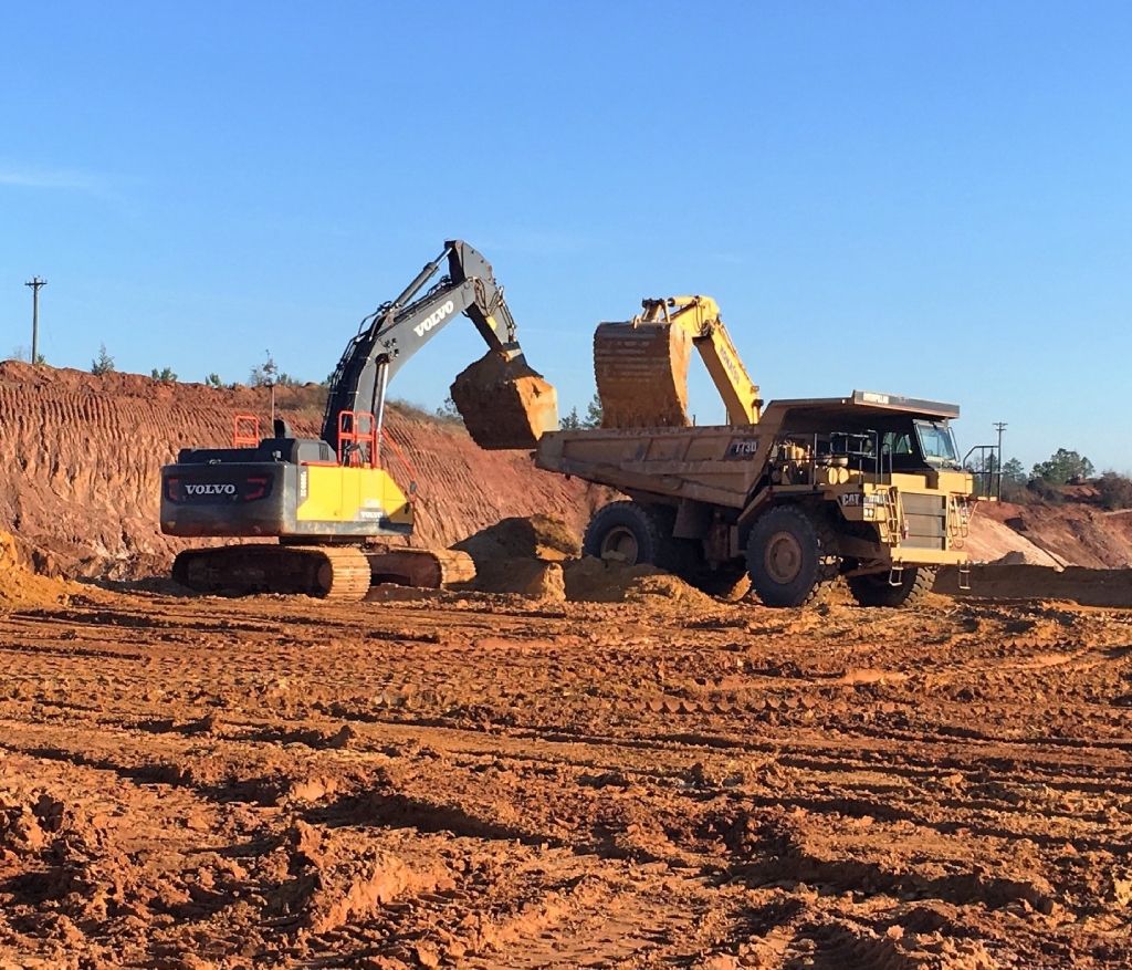 Talc Powder and Feldspar Company - Excavator loading soil into a dump truck at a construction site under clear sky