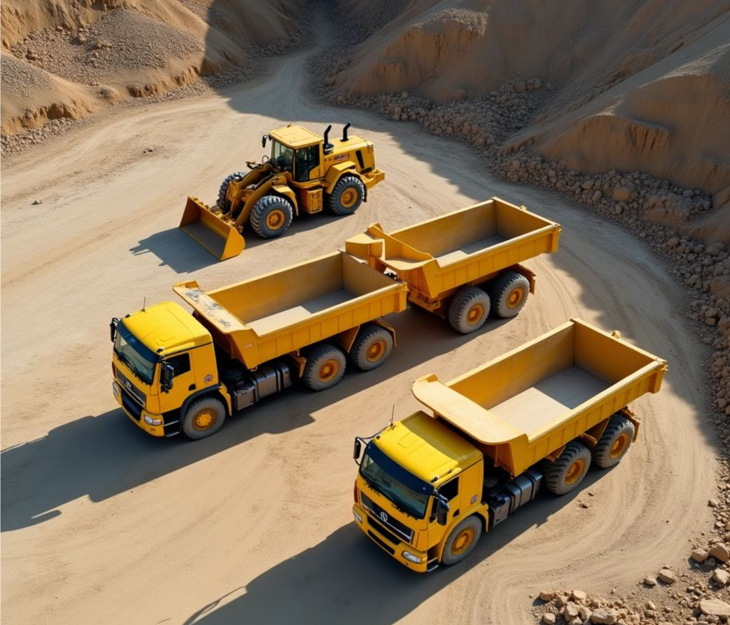 Talc Powder and Feldspar Company - Three dump trucks and a wheel loader at a quarry.
