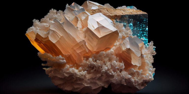 Talc Powder and Feldspar Company - Stunning cluster of orange quartz crystals with teal fluorite accents.