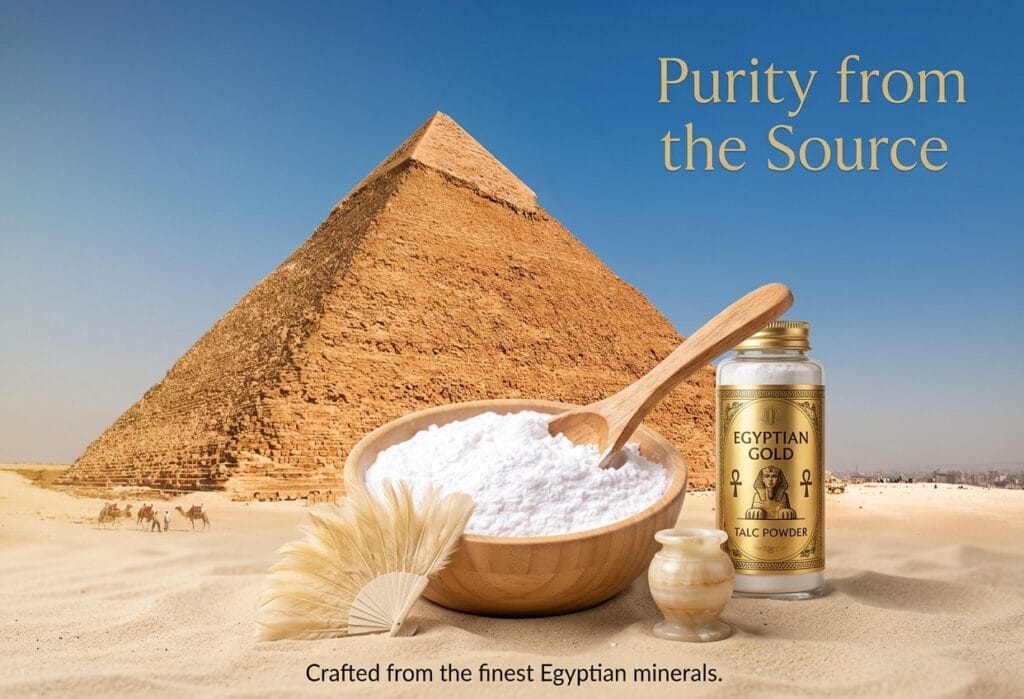 Talc Powder and Feldspar Company - Egyptian Gold talc powder bottle and bowl with pyramid backdrop